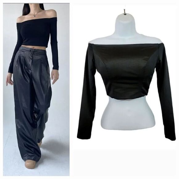 NEW Stretch Scuba Satin Off the Shoulder Longsleeve Crop Top in Black Size Small - Picture 7 of 7